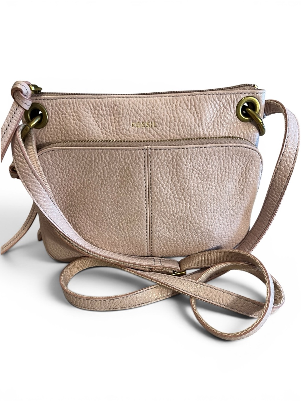 Fossil Karli Dusty Ballet Pink Pebbled Leather Double Zip Crossbody Bag
